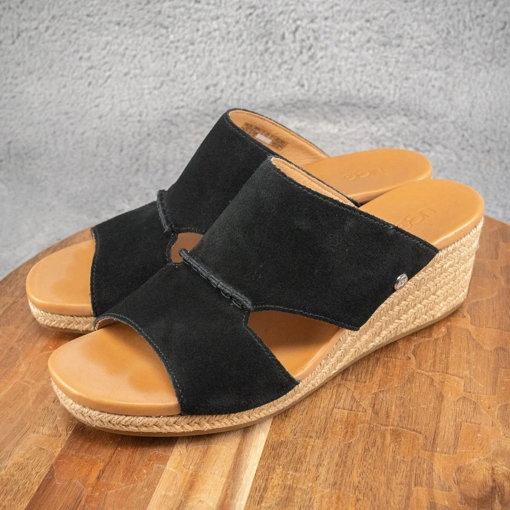 UGG Womens Eirene Espadrille Wedge Sandals Black Suede 1120038 Size‎ 9